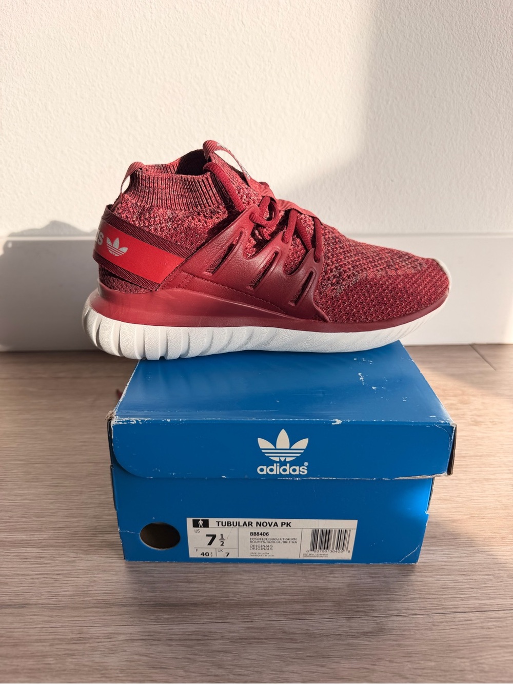 adidas women’s ' Tubular Nova PK Knit Sneakers in Burgundy Red
